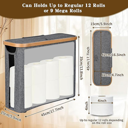 Toilet Paper Storage Basket with Lid - The Ultimate Bathroom Organizer, Free Standing Toilet Paper Holder for Up to 9 Mega Rolls, Toilet Tissue Storage Bin with Handle for RV Closet, Grey