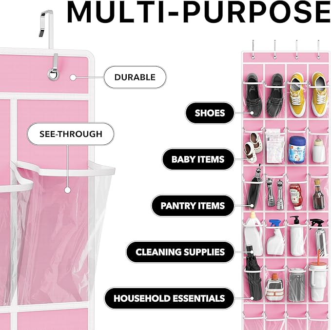 Simple Houseware 24 Pockets - Crystal Clear Over The Door Hanging Shoe Organizer, Pink (64'' x 19'')