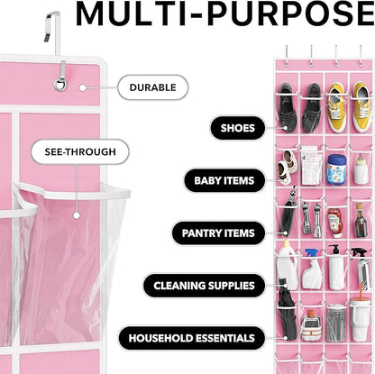 Simple Houseware 24 Pockets - Crystal Clear Over The Door Hanging Shoe Organizer, Pink (64'' x 19'')