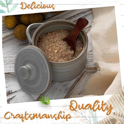 Honeydak Speckled Ceramic Salt Cellar with Lid and Wooden Spoon, Rustic Farmhouse Salt Pepper Cellar Holder for Mothers Day, Housewarming Gift, Heavyweight Spices Jar(Threaded Gray,1 Set)