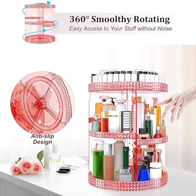 Awenia Makeup Organizer 360-Degree Rotating, Adjustable Makeup Storage, 7 Layers Large Capacity Cosmetic Storage Unit, Fits Different Types of Cosmetics and Accessories, Plus Size(Pink)