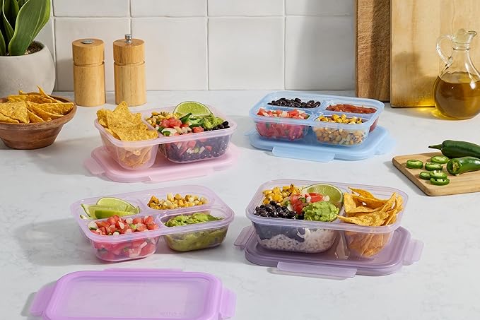 Ello Snap & Nest 10-Piece 3 Cup Plastic Divided Meal Prep Set, Reusable Food Containers for Healthy Eating, Freezer, Dishwasher Safe, Berry Fields