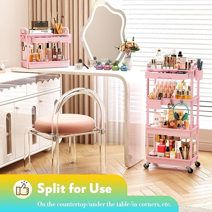SUNALLY Makeup Cart Organizer with Drawers, 4 Tier Floor Skincare Organizers for Vanity, Rolling Makeup Bathroom Storage Cart Cosmetics Display Cases for Skin Care Perfume Nail Polish, Pink
