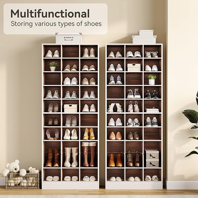 LITTLE TREE 70.9" Tall Shoe Rack, 10-Tier Freestanding Shelf, Max. Store 30 Pairs, Shoe Cabinet Organizer for Living Room, Entryway, Cloakroom, White + Brown