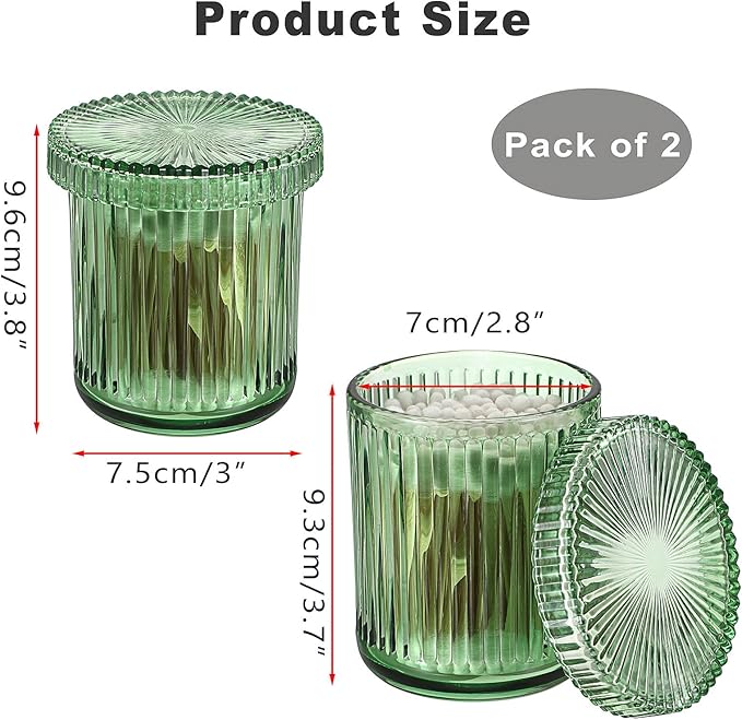 2 Pack Glass Qtip Holder with Lid, Qtip Dispenser Bathroom Storage Jars- Glass Apothecary Jars for Cotton Ball, Swab, Pads, Floss Picks, Bathroom Accessories Organization and Vanity Organizer(Green)