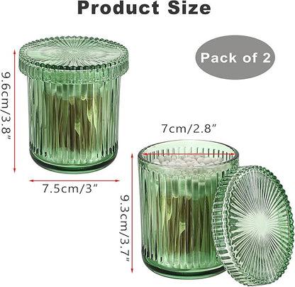 2 Pack Glass Qtip Holder with Lid, Qtip Dispenser Bathroom Storage Jars- Glass Apothecary Jars for Cotton Ball, Swab, Pads, Floss Picks, Bathroom Accessories Organization and Vanity Organizer(Green)