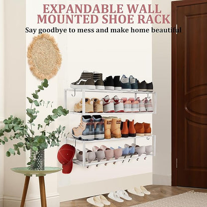 3 Pack Expandable Wall Mounted Shoe Rack, 17"-30"Adjustable Hanging Shoe Rack Holds 18 Pairs, Heavy Duty Metal Shoe Racks Holder with 6 Storage Hooks, Space Saving for Entryway Closet Doorway（White)
