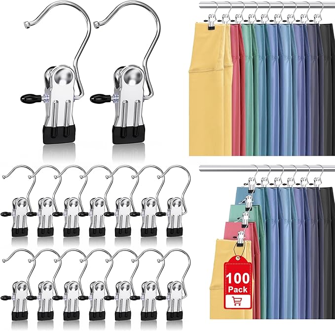 100 Pack Boot Hangers Clips for Closet, Laundry Hooks Hanging Clips Pants Hangers with Clips Legging Organizer Clothes Pins Hanger Clips for Closet Organizer Towel Socks Hats Jeans Home Travel Silver