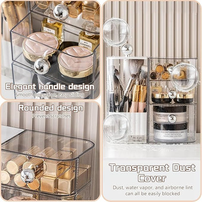 PET Makeup Organizer with Press Pop-Out Compartment & 3 Drawers, Clear Cosmetic Storage Box for Vanity Countertop, Bathroom Small Item Organization