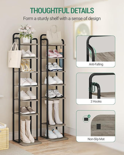 Hzuaneri 8 Tiers Vertical Shoe Rack, Narrow Shoe Tower, Tall Shoes Shelf with 2 Hooks, Adjustable Shelves, Corner Shoes Shelves for Small Spaces, Entryway, Living Room, Greige SR04305B