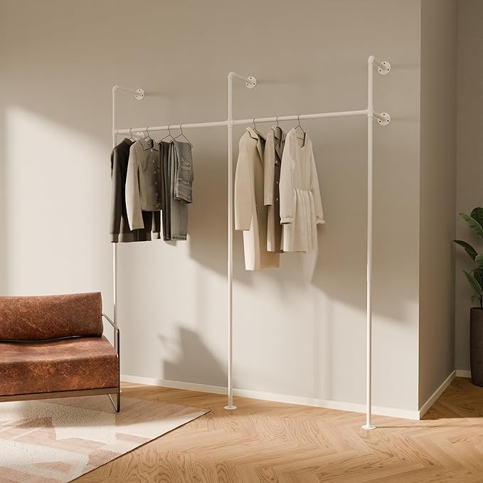 pamo White Clothing Rack Wall Mounted – Pipe Closet System in White Powder-Coated Steel – 79" W × 87" H, 530 lbs – Walk-In Closet & Bedroom
