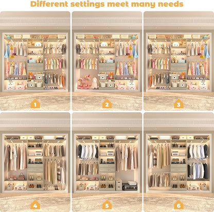 Besiost Closet System - 8FT Closet Organizer System with Wooden Drawers, 96" Closet Systems for Nursery & Walk-In Closets with Cuttable Hanging Shelving, Greige Oak