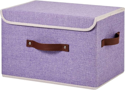Storage Bins Box with Lids Decorative Cotton Linen Fabric Baskets Cubes with Handles PP Plastic Board Foldable Washable Lidded Clothing Shelf Closet Organizer Container (Purple, Large)