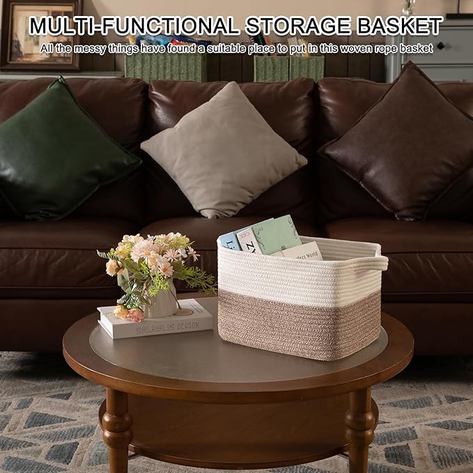 OIAHOMY Woven Storage Basket for Shelves, Rectangle Cotton Rope Baskets for Organizing, 13 x 10 x 9 in, Storage Bins for Dog Toys,Towel,Books,Gift,Flax Brown and White