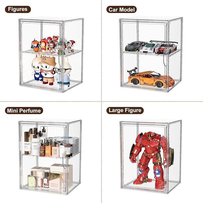 Acrylic Clear Display Case, Stackable Plastic Storage Bins with Shelf, Figure Figurine Hobby Display Case with Magnetic Lid, Large Acrylic Display Box for Collectibles, Figures, 2 Pack
