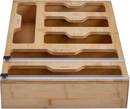 Kitchen Details Drawer Organizer | Multiple Food Storage Bag Compartments | Stores Up to 6 sizes | Kitchen Organization | Built In Slide Cuttlers | Bamboo