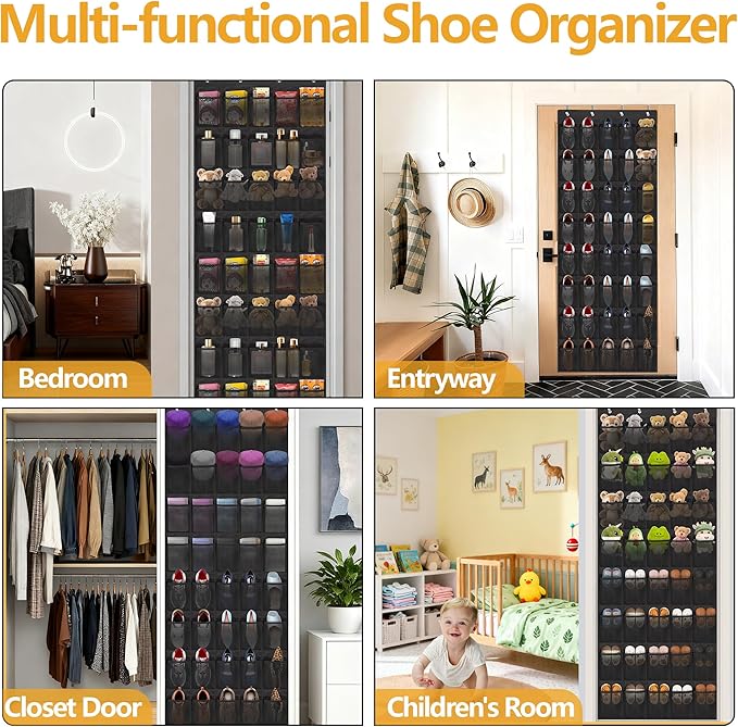 Over the Door Shoe Organizer, 40 Large Mesh Pockets Hanging Shoe Rack Organizer for Closet Behind the Door Storage Holder for Entryway Bedroom Dorm Black