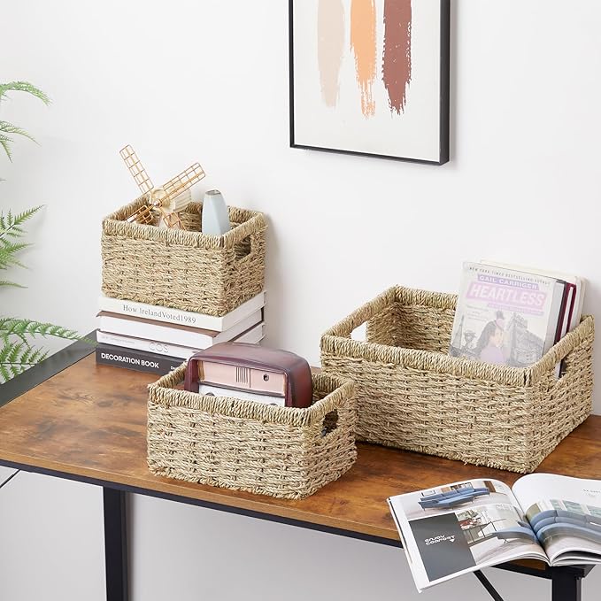 Vagusicc Wicker Basket, Set of 3 Hand-woven Storage Baskets for Organizing, Seagrass Wicker Storage Basket Bins with Handles, Small Toilet Paper Storage Baskets for Shelves Pantry Baskets (Seagrass)