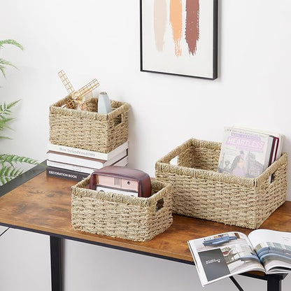 Vagusicc Wicker Basket, Set of 3 Hand-woven Storage Baskets for Organizing, Seagrass Wicker Storage Basket Bins with Handles, Small Toilet Paper Storage Baskets for Shelves Pantry Baskets (Seagrass)