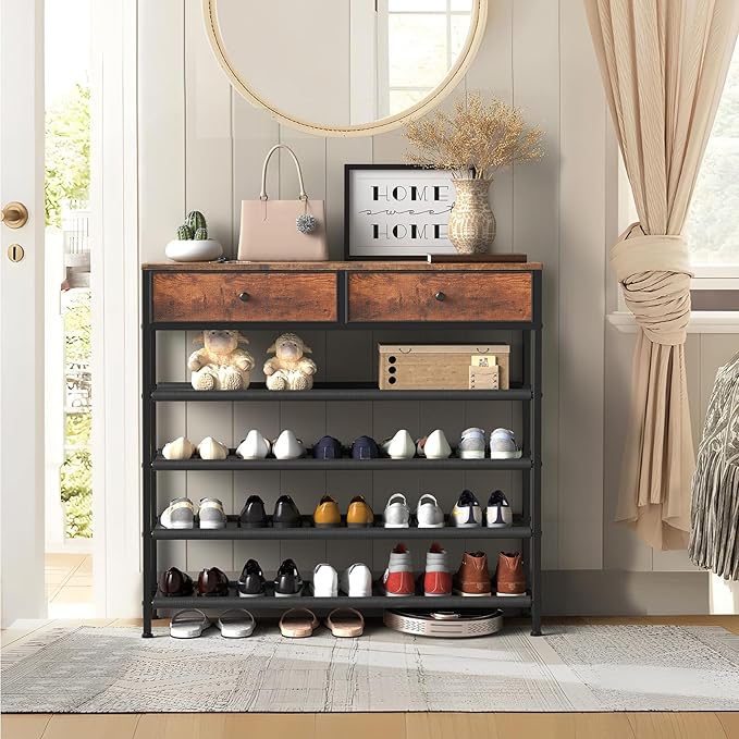 usikey Shoe Rack, 5 Tier Shoe Storage Organizer with 2 Drawers, Metal Shoe Shelf for 16-20 Pairs of Shoes, with 4 Oxford Fabric Shelves and Wooden Top, Shoe Stand for Closet, Rustic Brown UNYXJX009F