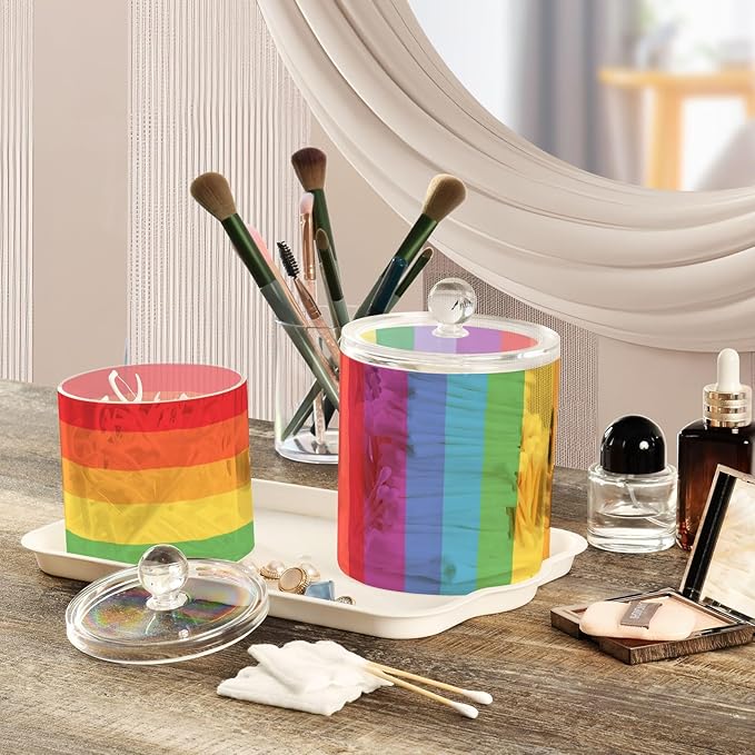 2 Pack Qtip Dispenser Apothecary Jars with Lids Cotton Round Holder Bathroom Canisters for Cotton Swab Floss Ball Pads Clear Plastic Decorative Vibrant Colorful Stripes