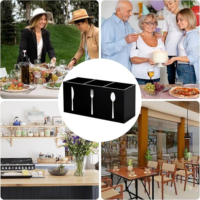 Hxezoc Black Acrylic Cutlery Storage Organizer, Plastic Silverware Caddy 3 Section Tableware Holder for Kitchen Indoor Outdoor Decoration Supplies