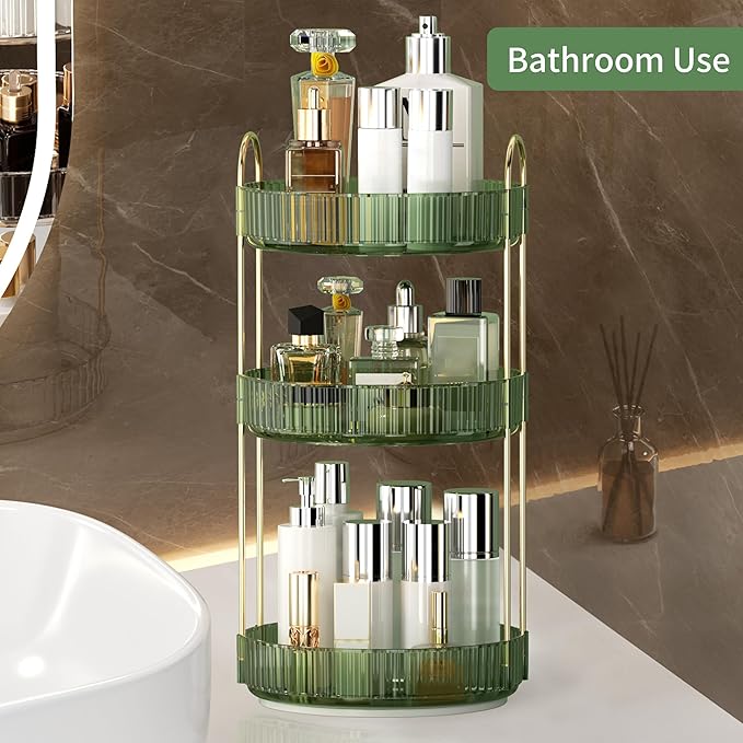 YCIA&DONE 360 Rotating Makeup Organizer and Storage for Vanity Countertop 3 Tiers, High Capacity Cosmetic Skincare Perfume Organizers for Dresser Bathroom Lazy Susan (Vintage Green)