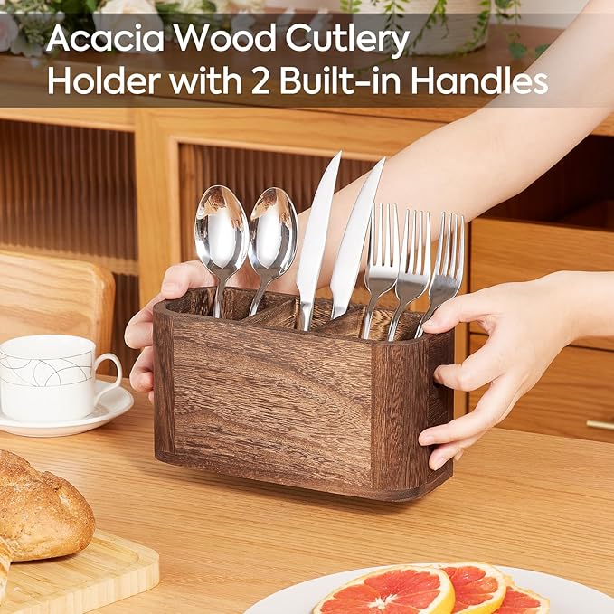 VIVIRBIEN Wooden Silverware Holder for Countertop, Kitchen Utensil Caddy with 3 Compartments, Cutlery Storage Organizer Countertop, Flatware Organizer for Party, Spoon, Fork Holder
