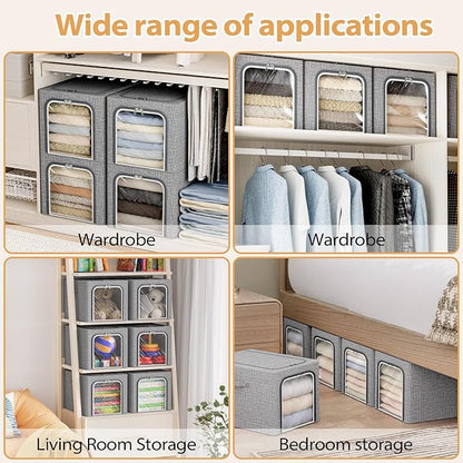 8 Pack Clothes Storage Bins with Metal Frame Foldable Clothing Storage Bins with Lids 49L Stackable Storage Box for Closet Fabric Organizer with Clear Window for Sweaters T-Shirts Bedding,Light Grey