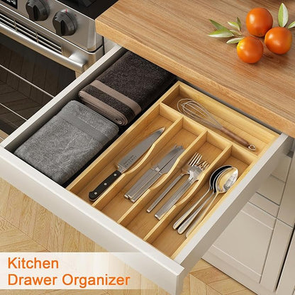 Youpehom Bamboo Utensil Organizer for Kitchen Drawers, Utensil Tray and Cutlery Silverware Holder,Wood Drawer Dividers with 5 Slots，2 pack
