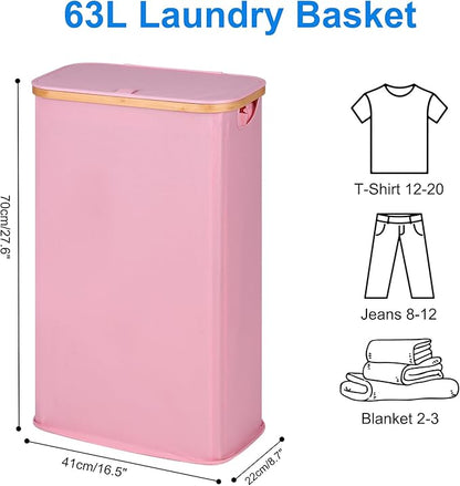 efluky Slim Laundry Basket with Lid, Narrow Laundry Hamper with Removable Bag, Skinny Dirty Clothes Basket with Bamboo Handles for Bathroom, Bedroom & Laundry Room, 63L Pink