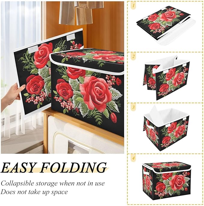 senya Flower Baskets Collapsible Storage Bins with Lids, Rose Flower Retro Style Storage Boxes Clothes Baskets for Organizing, B06D22020