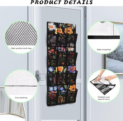 Floral Over The Door Organizer, Pantry Organizers and Storage with 12 Mesh Pockets, Heavy Duty Large Capacity Stuffed Animal Storage