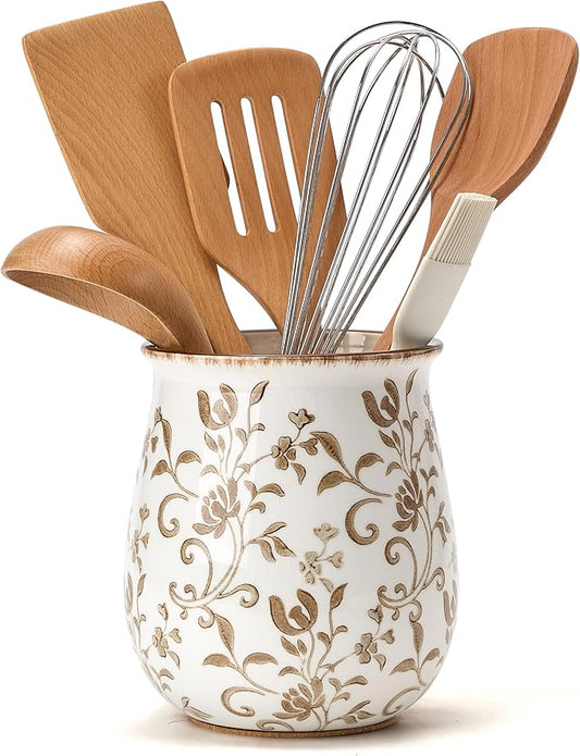 Utensil Holder for Kitchen Counter, Modern Farmhouse Cooking Utensil Holder and Crock Home Kitchen Decor, Ceramic Utensil Organizer for Spatula, Ladle, Eggbeater, Rolling Pin- Brown Flower Patterns