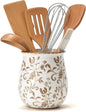 Utensil Holder for Kitchen Counter, Modern Farmhouse Cooking Utensil Holder and Crock Home Kitchen Decor, Ceramic Utensil Organizer for Spatula, Ladle, Eggbeater, Rolling Pin- Brown Flower Patterns
