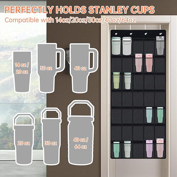 NiHome Multi-Functional 35 Pockets Door Hanging Organizer Fit for Stanley Tumbler in Kitchen, Pantry, Bedroom, Bathroom, Large Capacity Elastic Mesh Secure Storage Cup Holder, Foldable for Home and RV