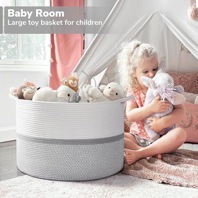 CHICVITA 85L Large Blanket Basket for Living Room, Woven Storage Baskets for Laundry Pillows Toys, Decorative Cotton Rope Basket with Handles for Bedroom Nursery, 22" x 22" x 14", Gray