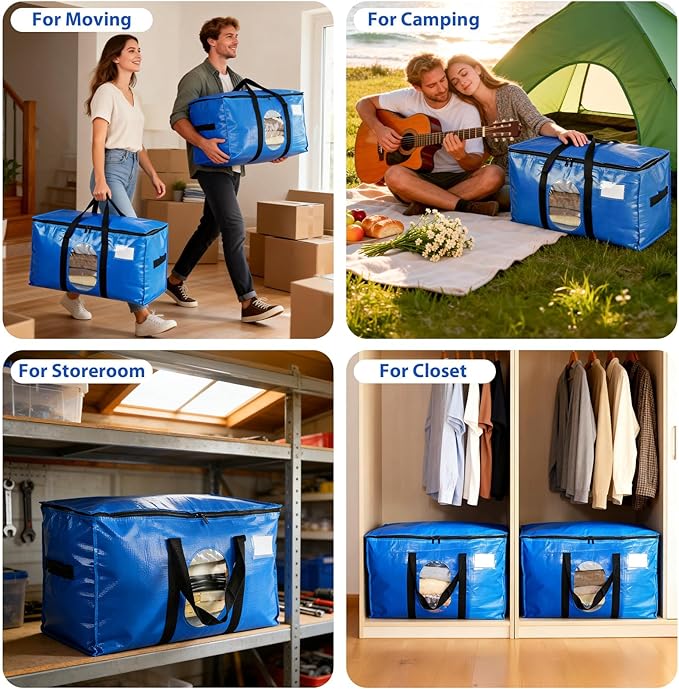 6 Pack Extra Large Moving Bags, Heavy Duty PE Woven Storage Totes with Visible Window & Wrap Around Handles, Reusable Space-Saving Alternative for Home Relocation & Storage