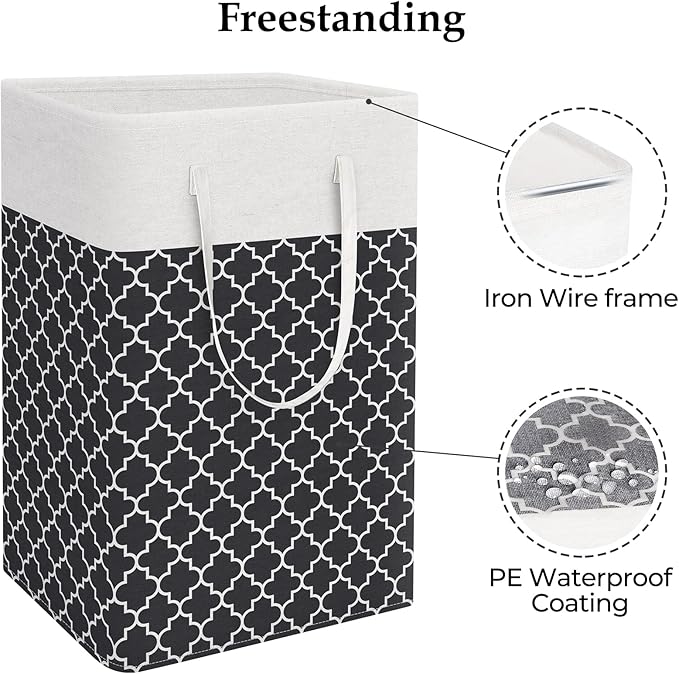 StorageRight Laundry Basket Hamper Large Collapsible Laundry Hamper with Easy Carry Handles，Freestanding Clothes Hampers for Laundry, Bedroom, Dorm, Clothes, Towels, 75L, Clover Black