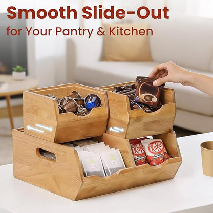 HOMESTEAD Stackable Solid Wood Storage Bins for Pantry & Countertop, Ventilated Potato and Onion Organizer with Handles, Wooden Produce Storage Containers (Natural)
