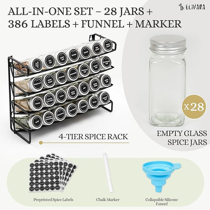 4-Tier Spice Rack Organizer Set – Wall Mounted or Countertop – Includes 28 Glass Spice Jars, 386 Spice Labels, Funnel, and Chalk Marker – Kitchen Spice Storage Solution