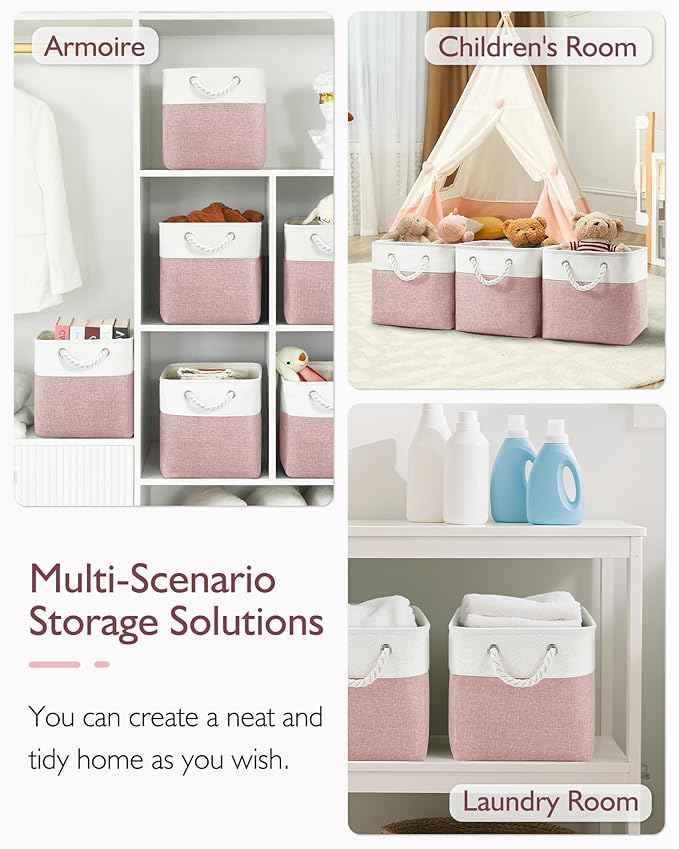 Patvingot 13x13x13 Cube Storage Bins,4 Pack Large Foldable Fabric Storage Cubes with Handles for Organizing Home, Closet, Shelf, Office(White&Pink)