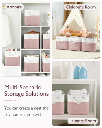Patvingot 13x13x13 Cube Storage Bins,4 Pack Large Foldable Fabric Storage Cubes with Handles for Organizing Home, Closet, Shelf, Office(White&Pink)