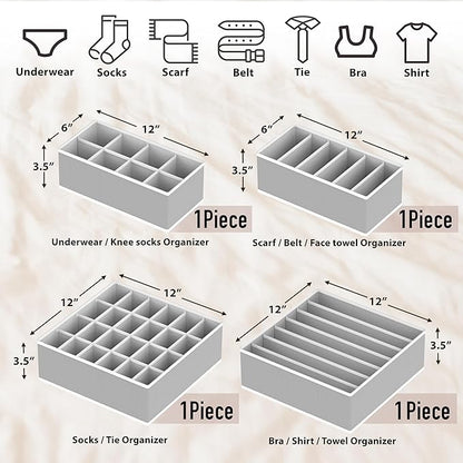 Simple Houseware 4-Pack Drawer Organizer Set - Closet Dividers for Underwear, Socks, Bras, Scarves, Ties - Foldable Non-Woven Storage Boxes, Gray