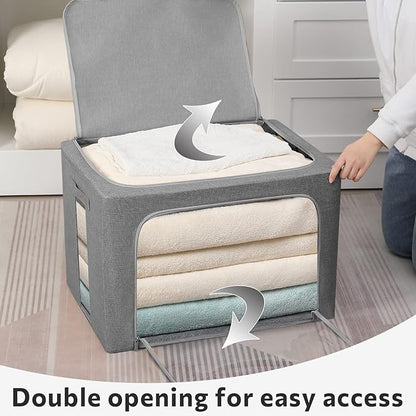 FHSQX 2 Pack Clear Window Storage Bins Large Foldable Fabric Storage Bins Boxes for Clothes Stackable Organizer Set with Carrying Handles19.7X 15.7X 12.6 Inches