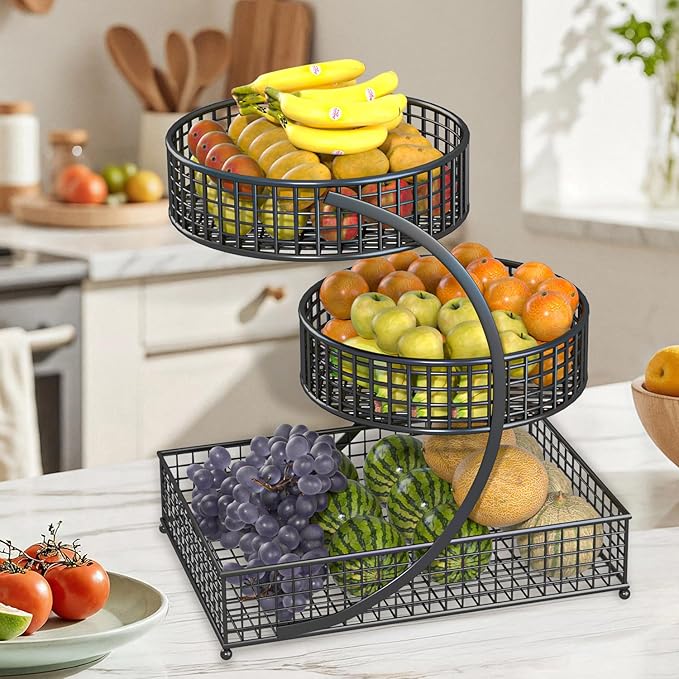 BCWW 3 Tiers Makeup Organizer Countertop Multi Bathroom Counter Organizer Metal Fruit Basket Perfume Skincare Organizers Holder for Vanities, Cabinet, Cosmetic, Dresser Organizer (Black)