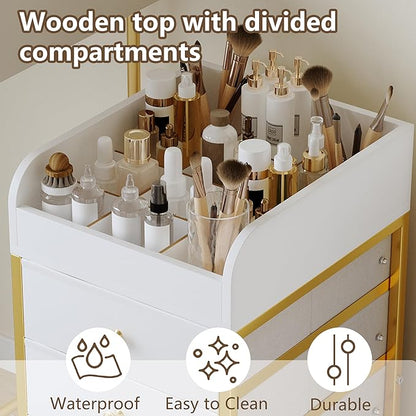Rolling Makeup Organizer Cart - Under Desk Vanity Makeup Storage with 4 Fabric Drawers, Bathroom Storage Cart Cosmetic Display Cases for Nail Polish Brush Hair Tool
