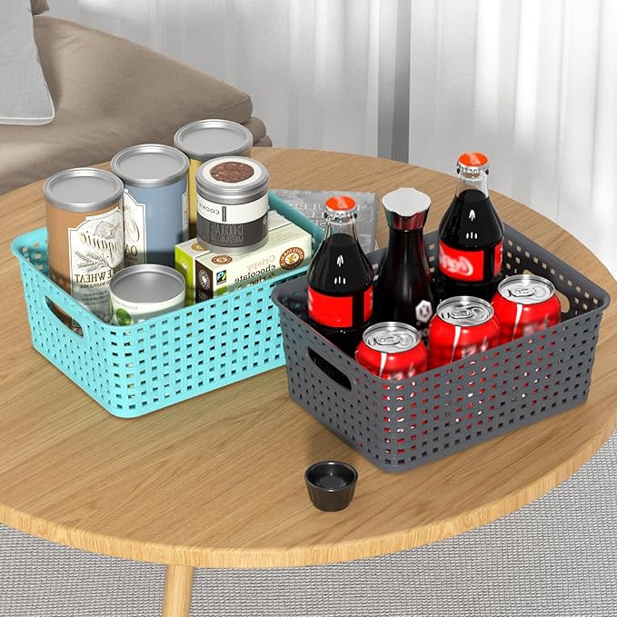Mixed Color Rectangle Organizer Basket, Plastic Woven Storage Shelf Baskets, 6 Packs