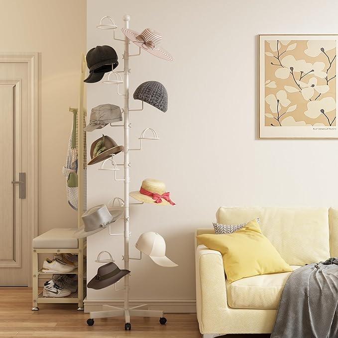 Hat Rack with 15 Circular Hooks Floor Hat Stand Freestanding Hats Rack Stand Adjustable Metal Hats Tree Organizer Rack Display Standing Suitable for Home Store Commercial, White