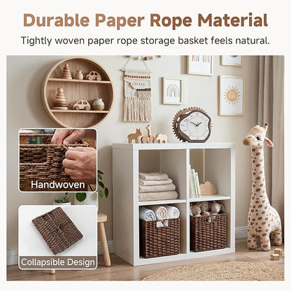 StorageWorks 9 inch Wicker Storage Cubes, Handwoven Wicker Baskets for Storage, Square Cube Organizer Bins, Foldable Paper Rope Basket for Organizing, Brown, 2 Pack